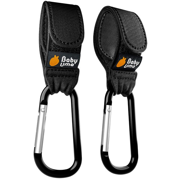 Stroller Hooks by Baby Uma - Strap, Clip or Hang a Diaper Bag to Your Pram or Buggy - Black, 2 Pack