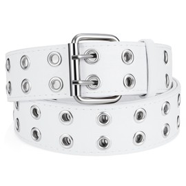 SANSTHS Women Double Grommet Studded Belts, white Leather Belt for Women Men Punk belt,white,XL