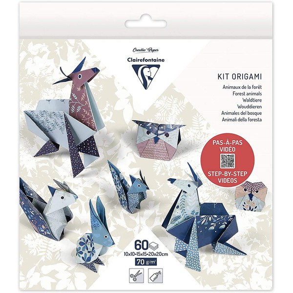 Clairefontaine - Ref 95368C - Origami Paper Kit (Pack of 60 Sheets) - 3 Assorted Sizes, 70gsm Paper, Printed Design on Front & Plain Backs - Animals to Make