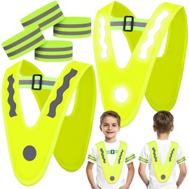 Mikqky Pack of 2 Children's V-Shape Yellow Light Vest in Triangle Shape, Safety Vest Children Bicycle Lightweight Safety Vest for Boys Girls with 4 x Reflective Arm Loops (Green)