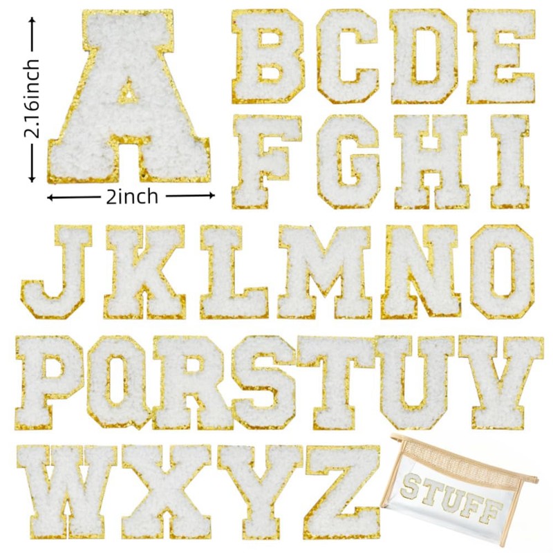2.16" White Chenille Letter Patches, Self Adhesive Letters for Clothing,