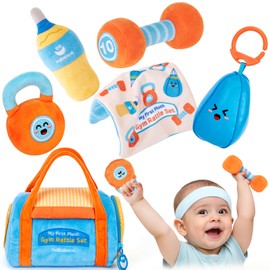 hahaland Baby Toys for 3-6-12 Months, Fitness-Inspired Baby Sensory Toy, Plush Gym Rattle Set with Dumbbell, Kettlebell, and Tummy Time Toys – Newborn Essentials & Shower Gifts for Boys & Girls