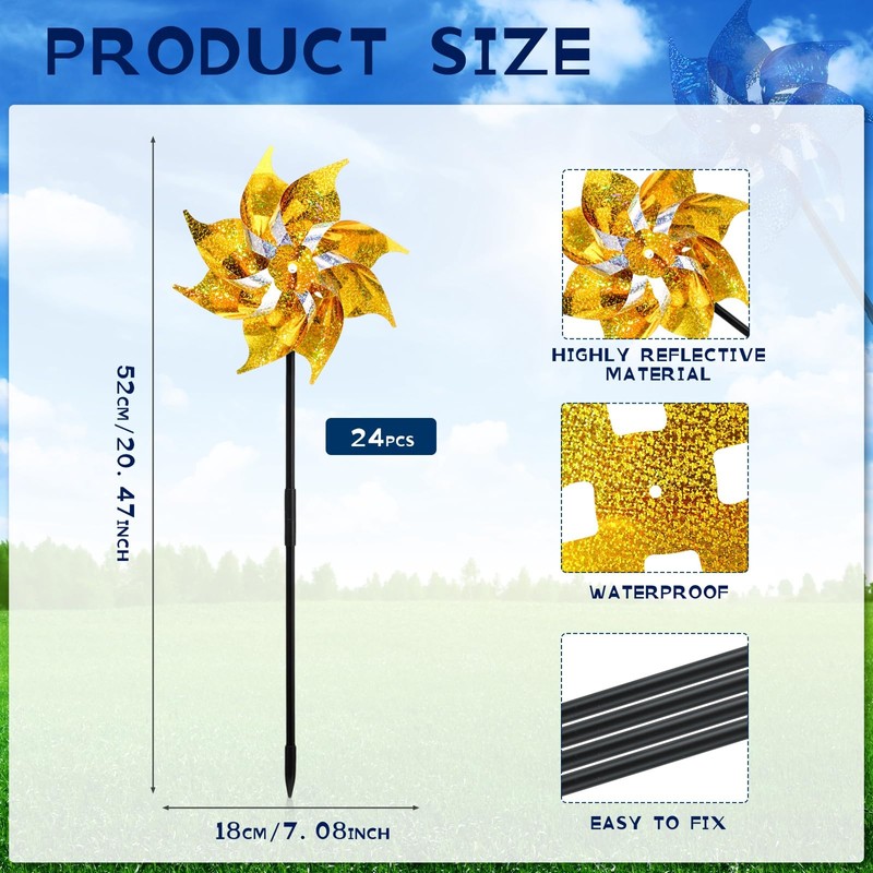Qualirey 24 Pcs Reflective Pinwheels with Stakes Sparkly Pinwheels for