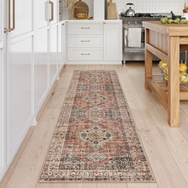 Lahome Oriental Hallway Runner Rug, 2.5x8 Kitchen Runner Non Slip Ultra-Thin, Soft Washable Hallway Rug Distressed Non Shedding Long Carpet for Entryway ‎Laundry Room Bathroom, Peach/Orange