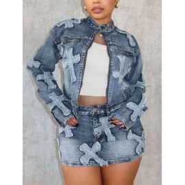 NATRUNSOO Blue Jean Two Piece Set for Women Y2K Denim Outfits Long Sleeve Zipper Cropped Jacket Bodycon Skirt Sets Blue M