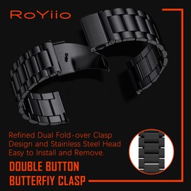 RoYiio Stainless Steel Replacement Bracelet for Lug Width 16 mm, 18 mm, 20 mm, 22 mm, Bracelet with Quick Release, Beautifully Polished, Stainless Steel Metal Band for Men and Women - Black