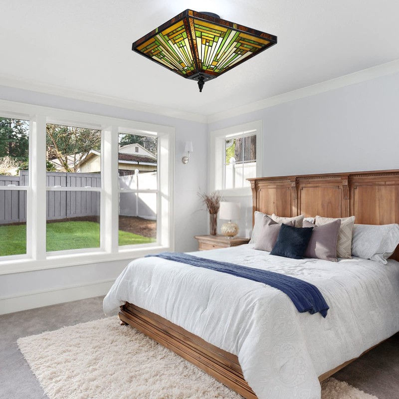 ATOLOMOTOR 14"×12" Stained Glass Bowl Shade Ceiling Light,Tiffany Style Pendant