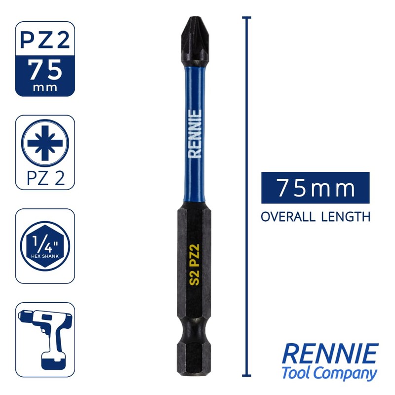10 x Rennie Tools 75mm Long PZ2 Impact Screwdriver Driver