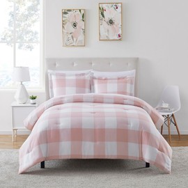 7 Piece Comforter Set Bag Solid Color All Season Soft Down Alternative Blanket & Luxurious Microfiber Bed Sheets, Full, Checkered Box Blush
