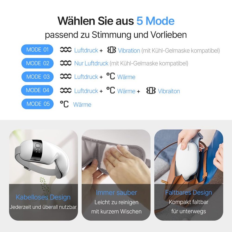 HubiCare Augenmassagegerät Pro mit Wärme & Kühlung, 3D Airbag Vibration,