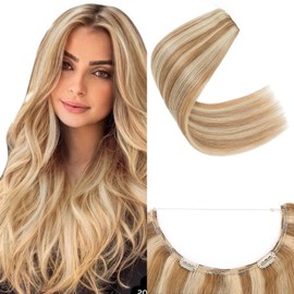 SEGO Invisible Wire Hair Extensions, Real Human Hair Adjustable Wire Extensions, 2 Clips for Women Transparent Fish Line Extensions, Add Length, 20 inches, Golden Brown Mixed Bleach Blonde, 70g
