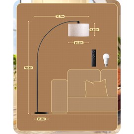 EDISHINE 78.3″ Modern Arc Floor Lamp with Remote, Tall Black Standing Lamp with Stepless Dimmable Bulb & 5 Color Temperature, Curved Mid Century Floor Lamps for Living Room, Bedroom, Nursey