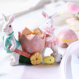 Easter Decorations for Home-5.5'' Bunny Figurines & Egg with Tealight for Spring Home Decor, Resin Rabbit Vintage Bunnies Spring Decorations for Table Centerpieces Mantel Decor