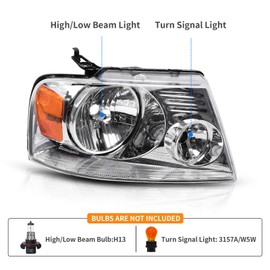 DWVO Headlight Assembly Compatible with 2004 2005 2006 2007 2008 Ford F150 Pickup 2006 2007 2008 Lincoln Mark LT Passenger and Driver Side Chrome Housing Amber Reflector