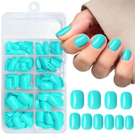 AddFavor Short Press on Nails Square Round Short Fake Nails Glossy Full Cover Acrylic Artificial Glue on Nails for Women, 240pcs/pack Turquoise Nails, Sticky Tabs, Nail File