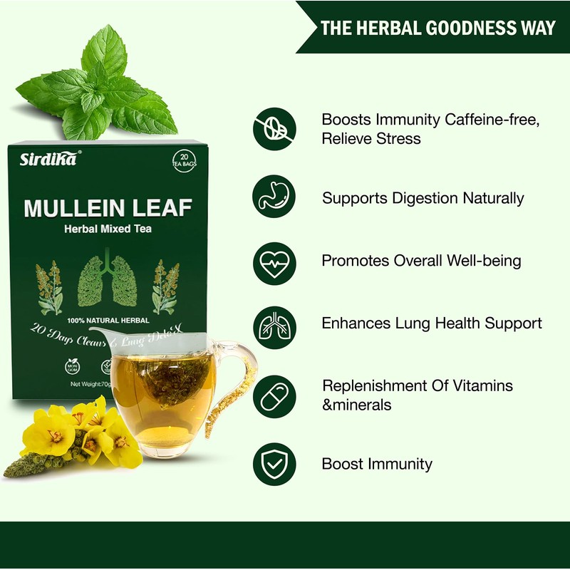 Mullein Tea Bags for Lungs - 20 Teabags (2.47oz/70g), 100%