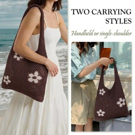 Ausing Flower Pattern Tote Bag Crochet Tote Bag Shoulder Bag Handbags Knitting Bag Aesthetic Handmade Weaving Coffee Brown