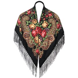 Russian Style Muffler Warm Scarf with Tassel Women's Traditional Scarf Wrap Shawl Fringes Printing Cape (Black)