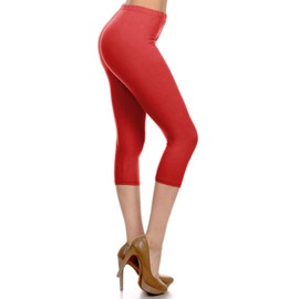 Leggings Depot Womens 1" Waistband High Waisted Solid Leggings Pants (Capri, Red, One Size Plus)