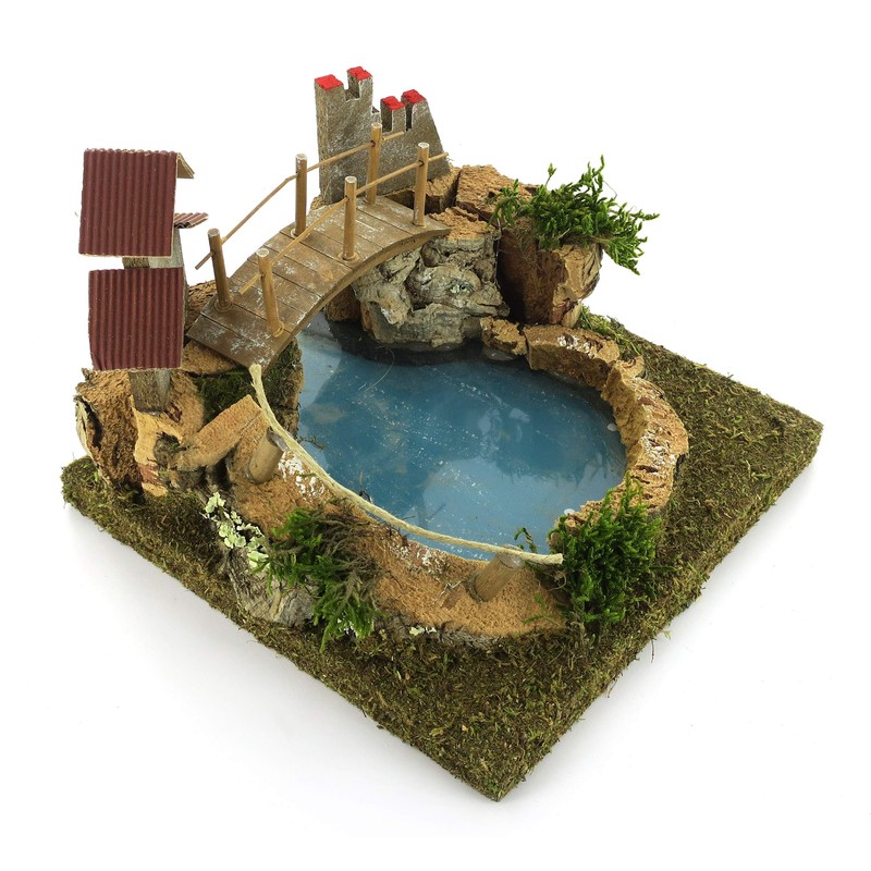 Bertoni Wooden Mountain Lake with Bridge and Tree, Wood, Multi-Colour,
