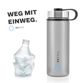 REFYLL easy-FYLL Stainless Steel Water Bottle, 500 ml or 1000 ml, Premium Insulated Bottle for Hiking, Fitness, Biking, School and the Office, Water Bottle with Sports Lid, grey