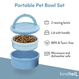 KindTail Dog Travel Bowls - Set of 2 Portable Pet Food & Water Dishes with Lid & Handle - Each Nesting Container Includes a Non-Slip Silicone Base - Microwave & Dishwasher Safe - BPA & Toxin-Free