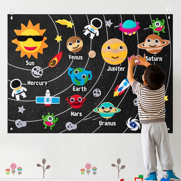 WATINC 44Pcs Outer Space Felt Story Board Set 3.5 Ft Solar System Universe Storytelling Flannel Interactive Play Kit with Hooks Astronaut Planets Alien Galaxy Reusable Wall Hanging Gift for Boys Girls