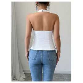 Milumia Women's Backless Halter Top Bow Decor Sleeveless Split Hem Casual Tank Tops White Medium