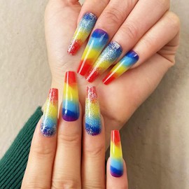 Extra Long Press on Nails Coffin Fake Nails with Rainbow Glitter Designs Glossy Glue on Nails Cute Acrylic Nails Colorful False Nails Full Cover Artificial Stick on Nails for Women 24Pcs