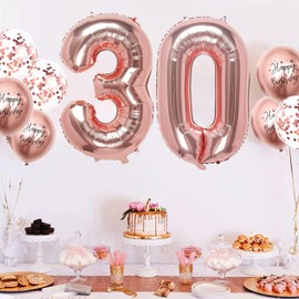 Number 30 balloons Rose Gold，30 Balloons Birthday Boy Girl,40Inch Foil Number 3 & 0 Balloons with 6 Rose Gold Metal and Confetti Helium Balloons for 30th Year Old Birthday Decorations