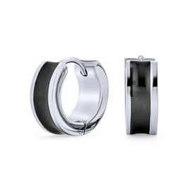 Unisex Two Tone Striped Black Enamel Concave Huggie Small Hoop Earrings For Men Or Women Silver Tone Stainless Steel .50 Diameter