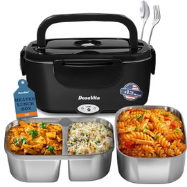 Dosevita Electric Lunch Box for Adults, 80W Heated Lunch Box,1.5L Portable Fast Heating Lunchbox Food Heater for Car,Truck,Work,Travel,Lonchera Elctrica Porttil 12V/24V/110V (Black-Dual Container)