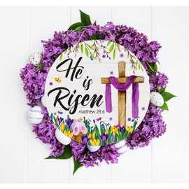 FaCraft He is Risen Door Sign Wreath for Front Door Decor Religious Easter Door Decorations Watercolor Floral Easter Cross Hanger Signs for Home Porch Wall Spring Decorations Easter Party Supplies