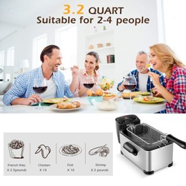 KOTEK Deep Fryer with Basket, 3.2QT/12-Cup Stainless Steel Electric Fryer w/Temperature Control, 60 Min Timer, Lid w/Viewable Window, 1700W Small Deep Fat Fryer for Home, Kitchen, Restaurant (3.2QT)