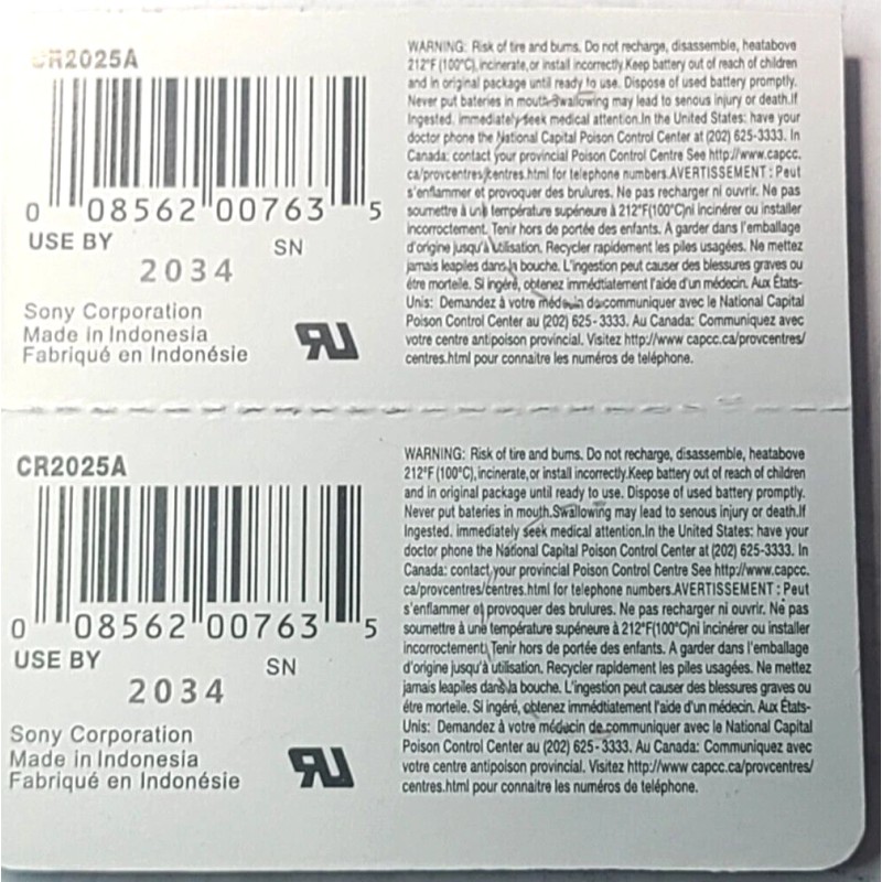 Sony 2PK CR2025 SONY MURATA 3V LITHIUM (GREAT EXP 2034)