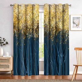 Navy Blue Gold Tree Blackout Curtain Abstract Art Metallic Leaf Print Window Drapes Room Darkening Insulation Suitable for Bedroom Living Room Dorm Room Plaid Window Treatments 2 Panels 42x84inch