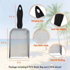 QINGLER 2 PCS Beach Mesh Shovel Sand Sifters with 2 PCS Mesh Beach Bag, Shark Tooth Sifter for Shell Collecting, Filter Sand Scooper Shells Tools for Boys and Girls