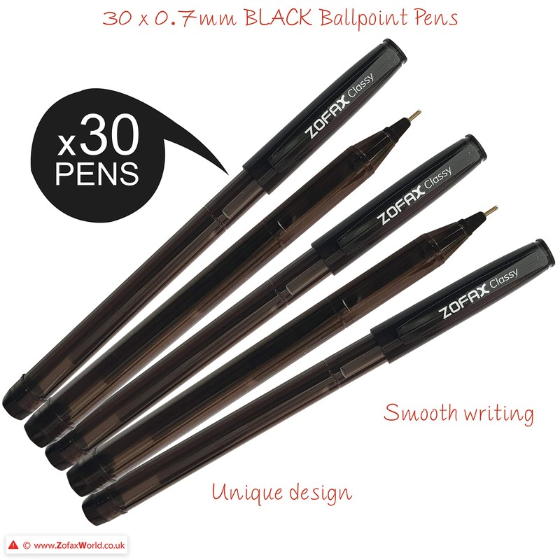 ZOFAX Classy 30 x 0.7mm Fine Biros BLACK Stick Ballpoint