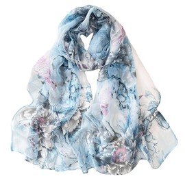 Pokeedioty Fashion Scarfs for Women Lightweight breathable Floral Pattern Sheer Scarfs Sun-proof Shawls Wraps (Parrot peony blue)