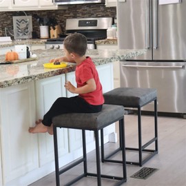 Sophia & William Gray Bar Stools Set of 3, Counter Height 24" Bar Chairs for Kitchen Island,Modern PU Leather Square Kitchen Stools with Metal Steel Frame & Footrest