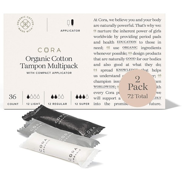 Cora Organic Cotton Unscented Tampons with BPA-Free Plastic Compact Comfort Applicator - Chlorine, Chemical & Toxin Free, Leak Protection | Variety Pack | Light/Regular/Super Absorbency (72 Count)