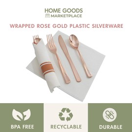 Rose Gold Plastic Silverware Pre-Rolled Sets; Fork, Spoon, and Knife Rolls, Pack of 20 Pre-Rolled Sets
