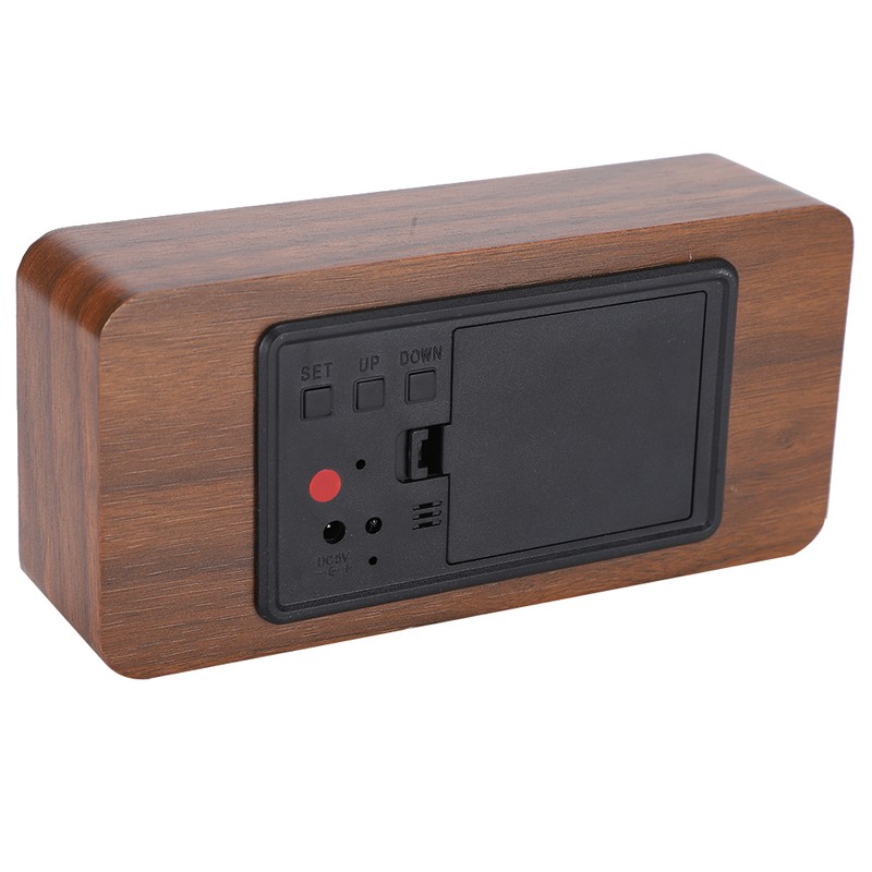Wooden Alarm Clock LED Voice Control Desk Rectangular Brown Wood