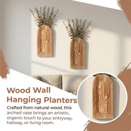 2 Pack Wooden Wall Vase Set, Wall Hanging Planters for Indoor Plants, Boho Modern Farmhouse for Hallway Living Room Entryway Bathroom Narrow Spaces, Brown Wood Material