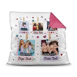 PR Print Royal Cushion with Filling - Photo Collage Pollaroid Design - Best Friends - Gift to the Best Friend - Design Yourself with Five Photos - Colour Cushion Back Pink 40 x 40 cm