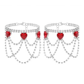 ELABEST Rhinestone Ankle Bracelets Heart Anklet Crystal Tassel Anklet 2pcs Layered Ankle Bracelets Boho High-heeled Tennis Foot Chain Wedding Jewelry Accessories For Women (Silver)