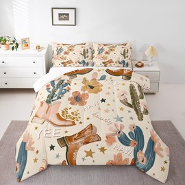Manfei Cowboy Comforter Set Queen Size, Cowboy Boots Bedding Set for Kids Girls Bedroom Decor, Wild West Cactus Flower Cowgirl Down Comforter, Lightweight Duvet Insert,2 Pillowcases
