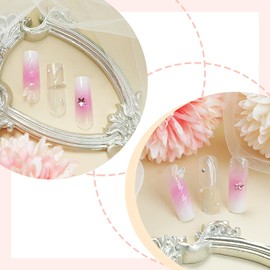 24 Pcs Long Coffin Press on Nails Ballerina Fake Nails French Tip False Nails with 3D Star Pearl Charm Design Glossy Acrylic Glue on Nails Artificial Nails Full Cover Stick on False Nails for Women