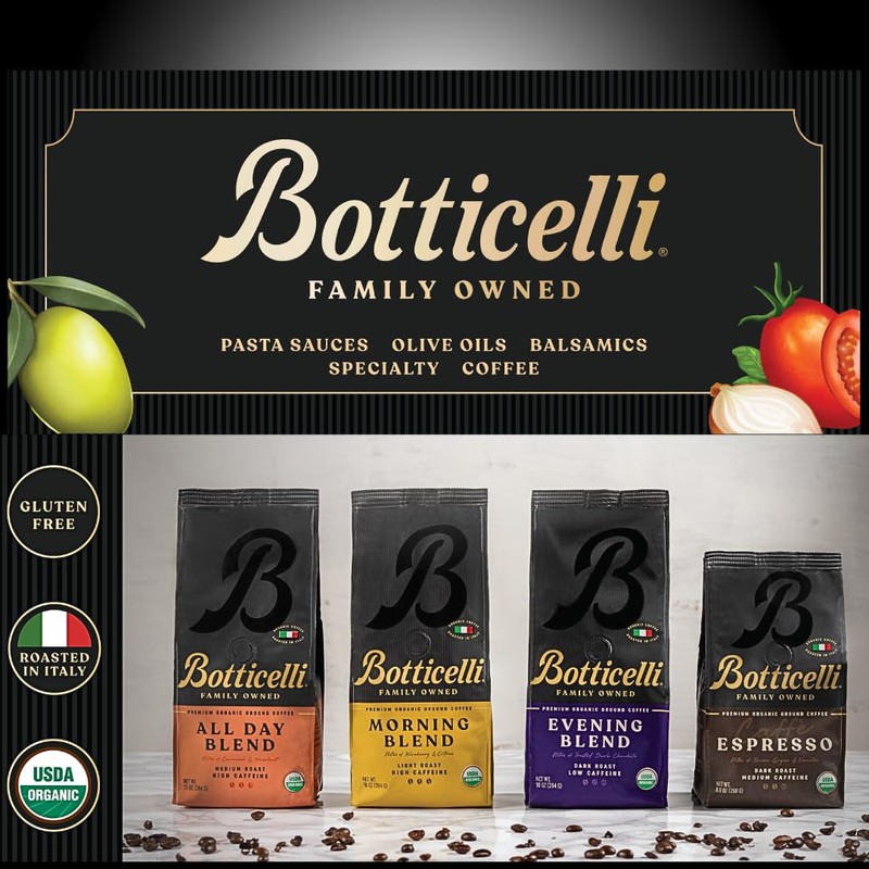 Botticelli Evening Blend Ground Coffee, USDA Organic, Low Caffeine, Dark