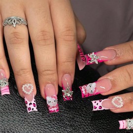 French Tip False Nails - Long Coffin Gothic Press On Nails With Glue - Pink Leopard Kitty Pearl Love With Star Rhinestone Design - Removable Full Cover Women Nail Art Pink